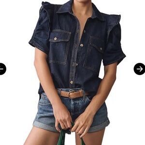 The Ozzi Ruffle-sleeve Buttondown Women Shirt - Indigo